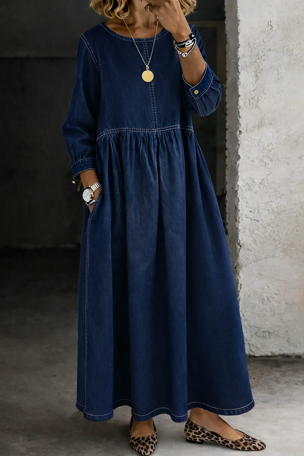 🎁New Arrivals🔥Round Neck Long Sleeve Denim Dress
