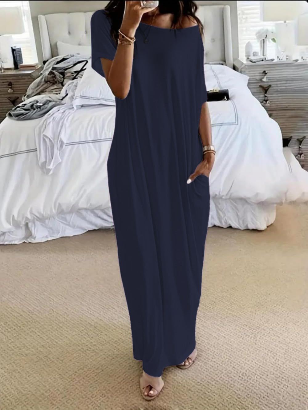 Women's Solid Color Batwing Sleeve Lounge Dress, Casual Comfy Short Sleeve Nightdress for Daily Wear, Ladies Sleepwear for All Seasons