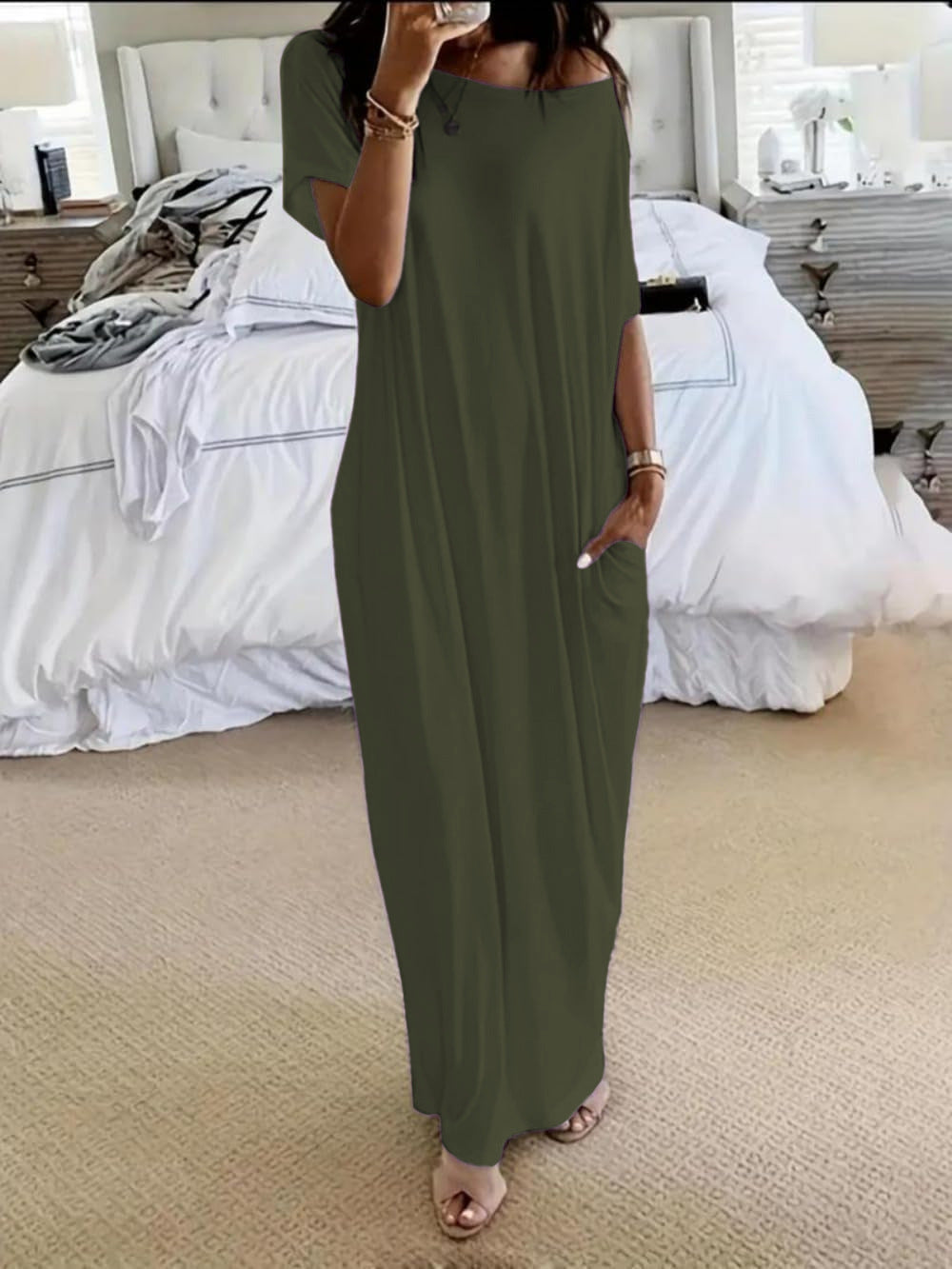 Women's Solid Color Batwing Sleeve Lounge Dress, Casual Comfy Short Sleeve Nightdress for Daily Wear, Ladies Sleepwear for All Seasons