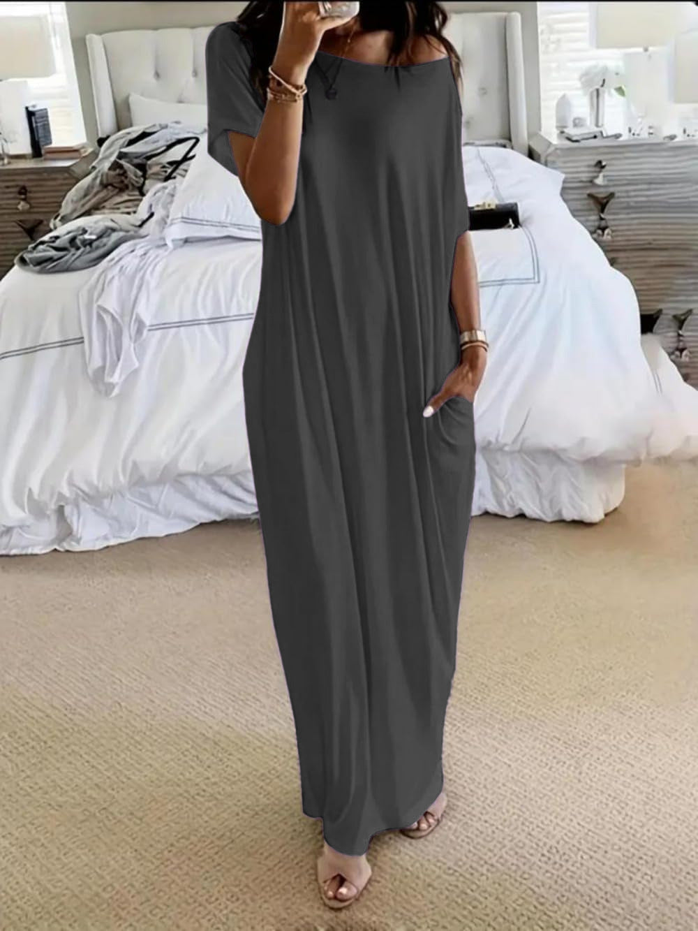Women's Solid Color Batwing Sleeve Lounge Dress, Casual Comfy Short Sleeve Nightdress for Daily Wear, Ladies Sleepwear for All Seasons