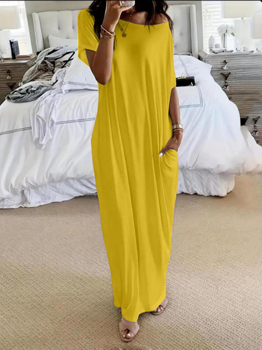 Women's Solid Color Batwing Sleeve Lounge Dress, Casual Comfy Short Sleeve Nightdress for Daily Wear, Ladies Sleepwear for All Seasons