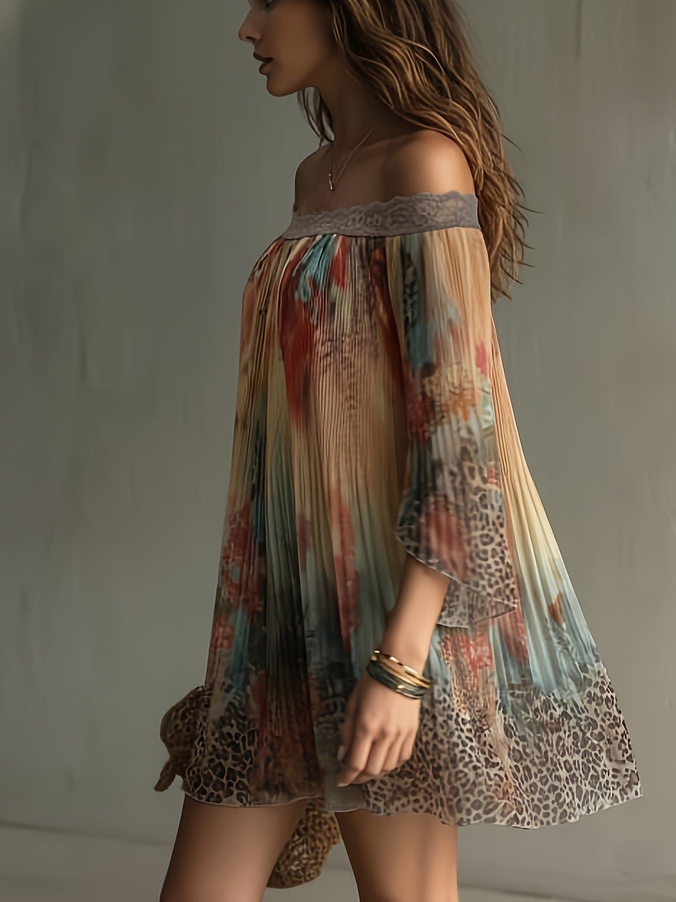 Women's Off-shoulder Vacation-style Short Thin Leopard Print Dress