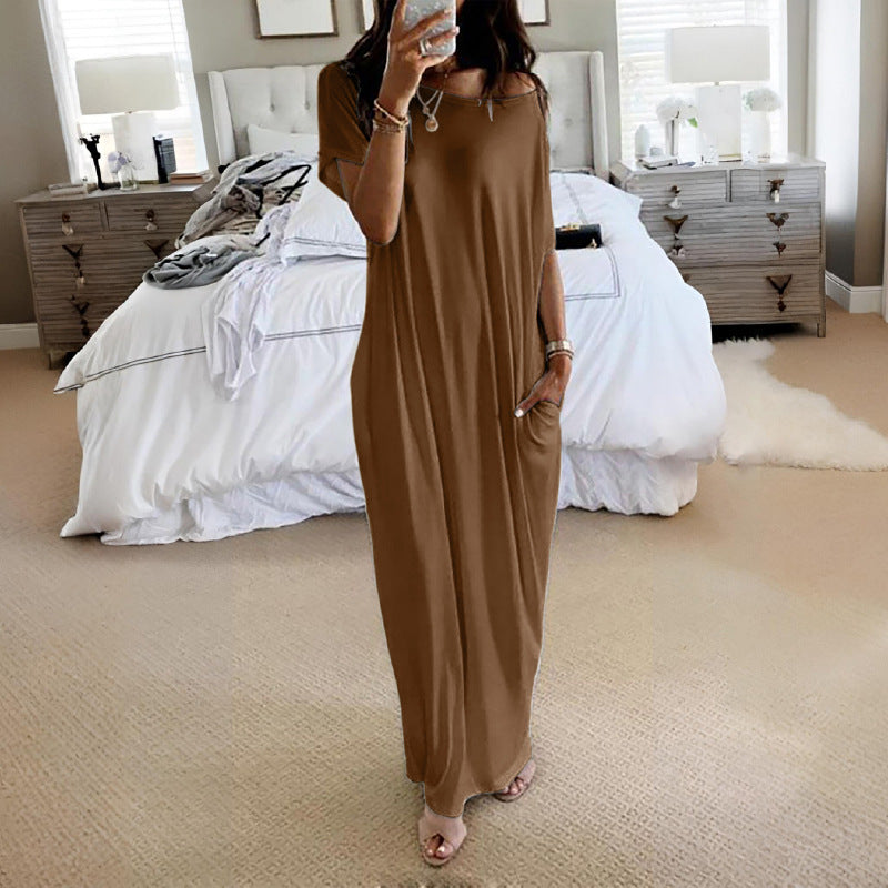 Women's Solid Color Batwing Sleeve Lounge Dress, Casual Comfy Short Sleeve Nightdress for Daily Wear, Ladies Sleepwear for All Seasons