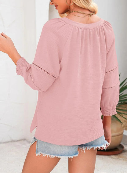 🤩🤩Last Day Special Sale 49% OFF👚Womens 3/4 Lantern Sleeve Casual V-Neck T-Shirts Pleated Loose Hollow-Out Blouse