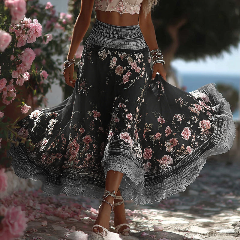 Women's Greece Vacation Greek Key With Floral Art Linen Blend Casual Skirt