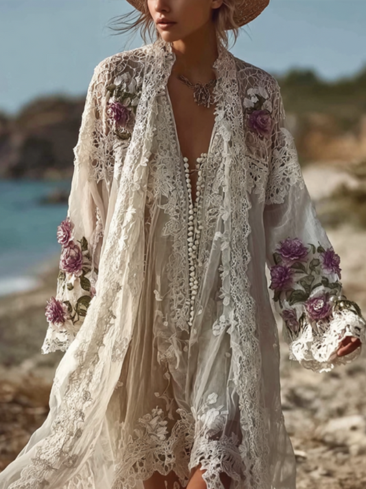 Women's Spring And Summer Linen Lace Patchwork Casual Long Cardigan