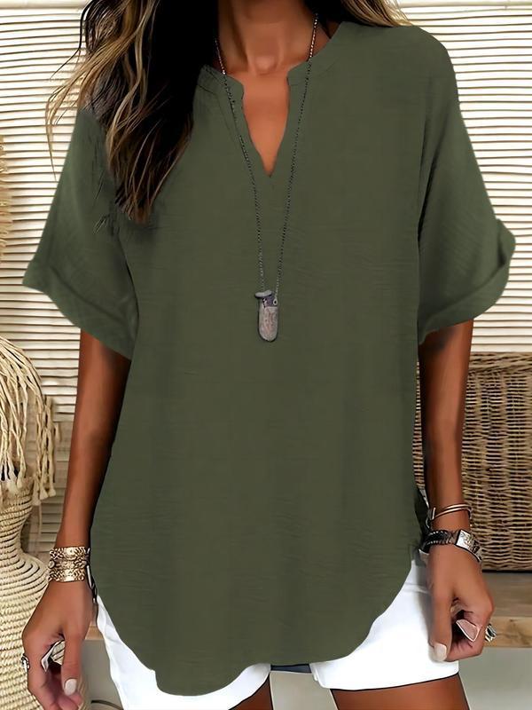 📦📦Women's Plain Short Sleeve Blouse, Casual Solid Color Top for Daily Wear, Ladies Clothes for All Seasons