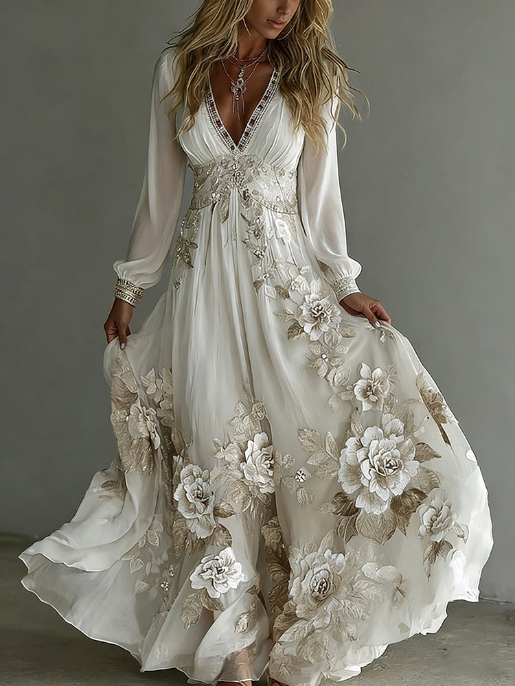 Women's Vintage Vintage Boho Floral Art V-neck Long Sleeves Maxi Dress