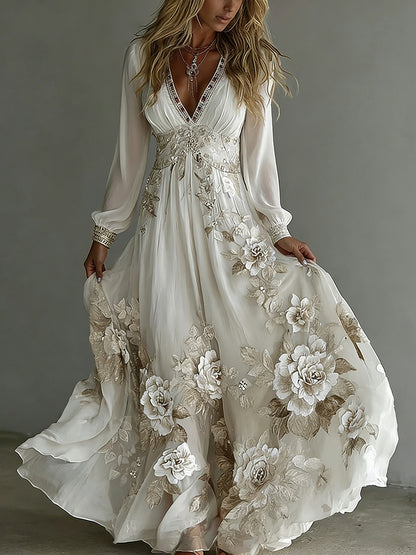 Women's Vintage Vintage Boho Floral Art V-neck Long Sleeves Maxi Dress
