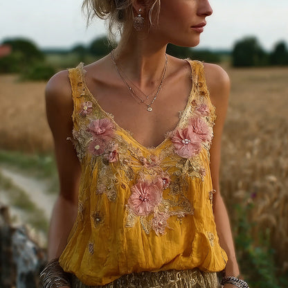 Bohemian Retro Pink Floral Pattern Women's Sleeveless Thin Shoulder Strap Vest