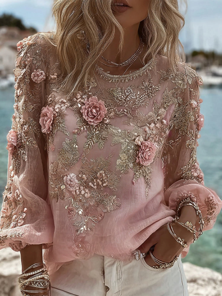 Women's Pink Flower Embroidery Art Long Sleeve T-shirt
