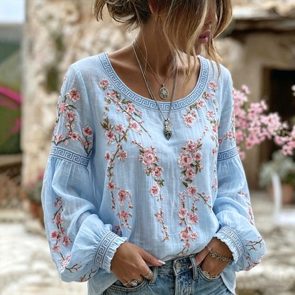Women's Japanese Flower Art Crew Neck Linen Blend T-shirt