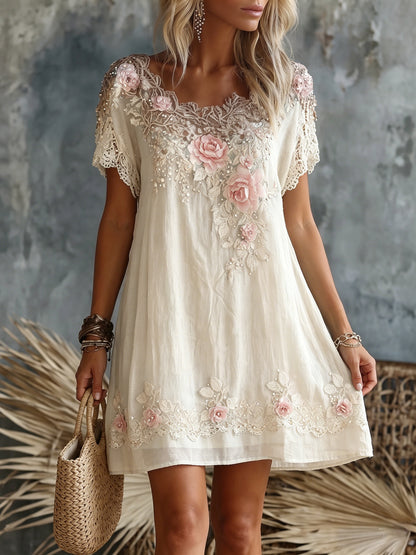 Women's Retro Rose Floral Embroidery Pattern Short Sleeve Linen Dress