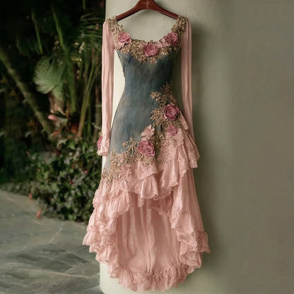 Women's Spring Elegant Flowers Irregular Ruffle Midi Dress