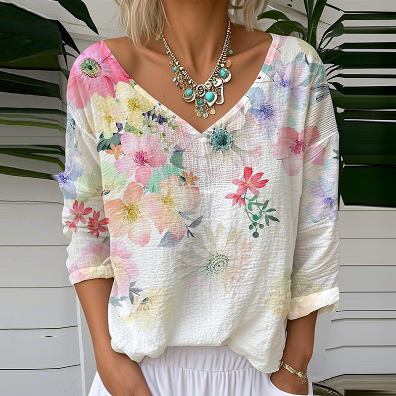 Flower Print V-neck Linen Blend T-shirt