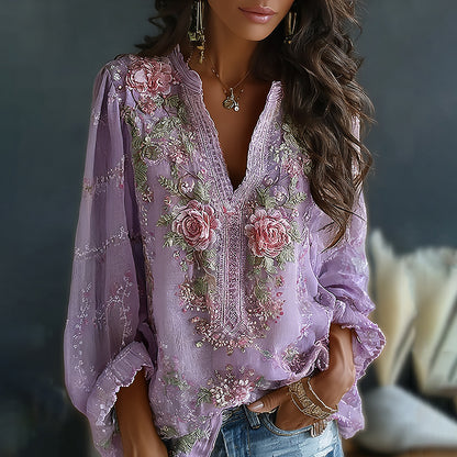 Women's Vintage Spring Floral Embroidered Art Print Flowy Linen Blend Casual Tops