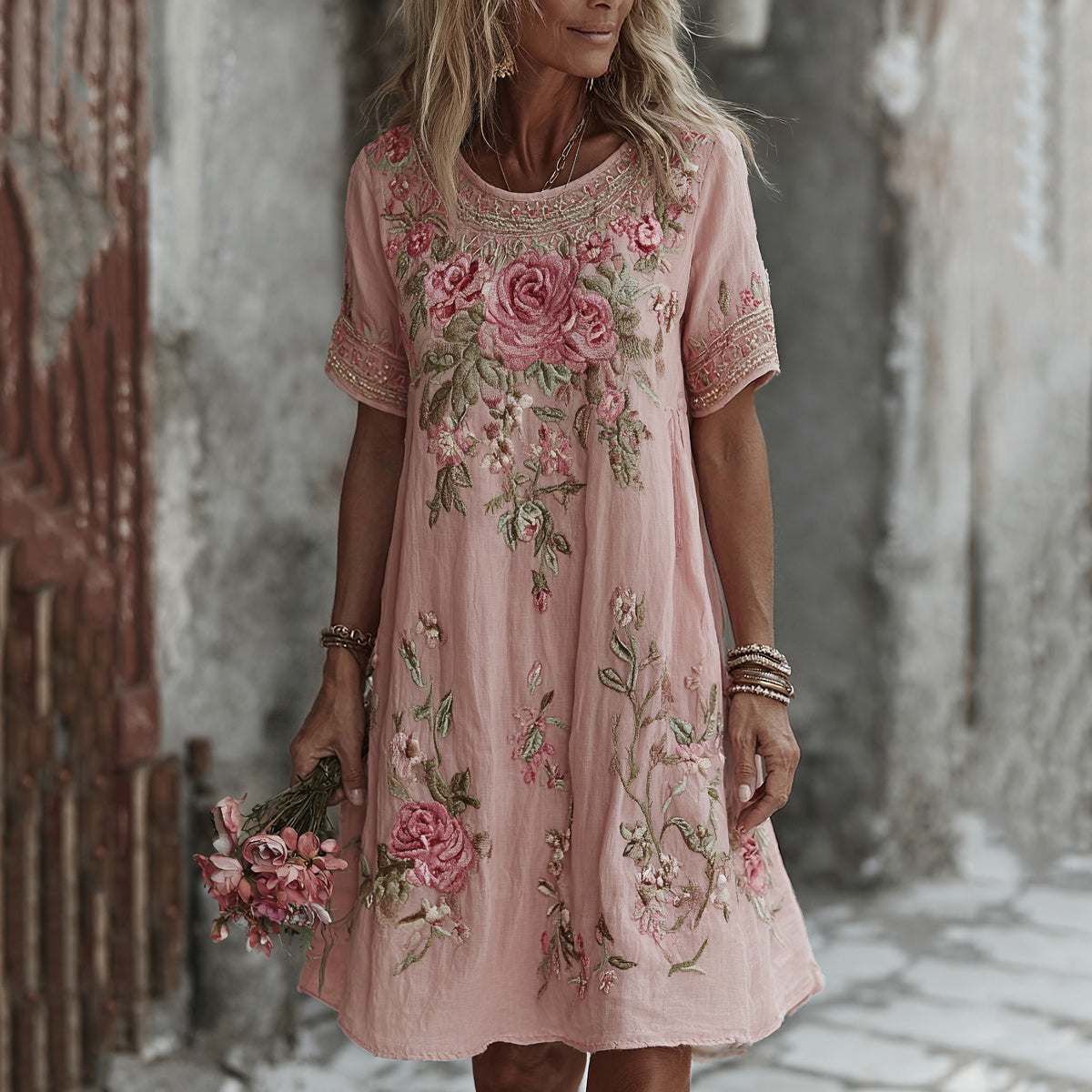 Retro Rose And Floral Printed Pattern Short Sleeve Mini Dress