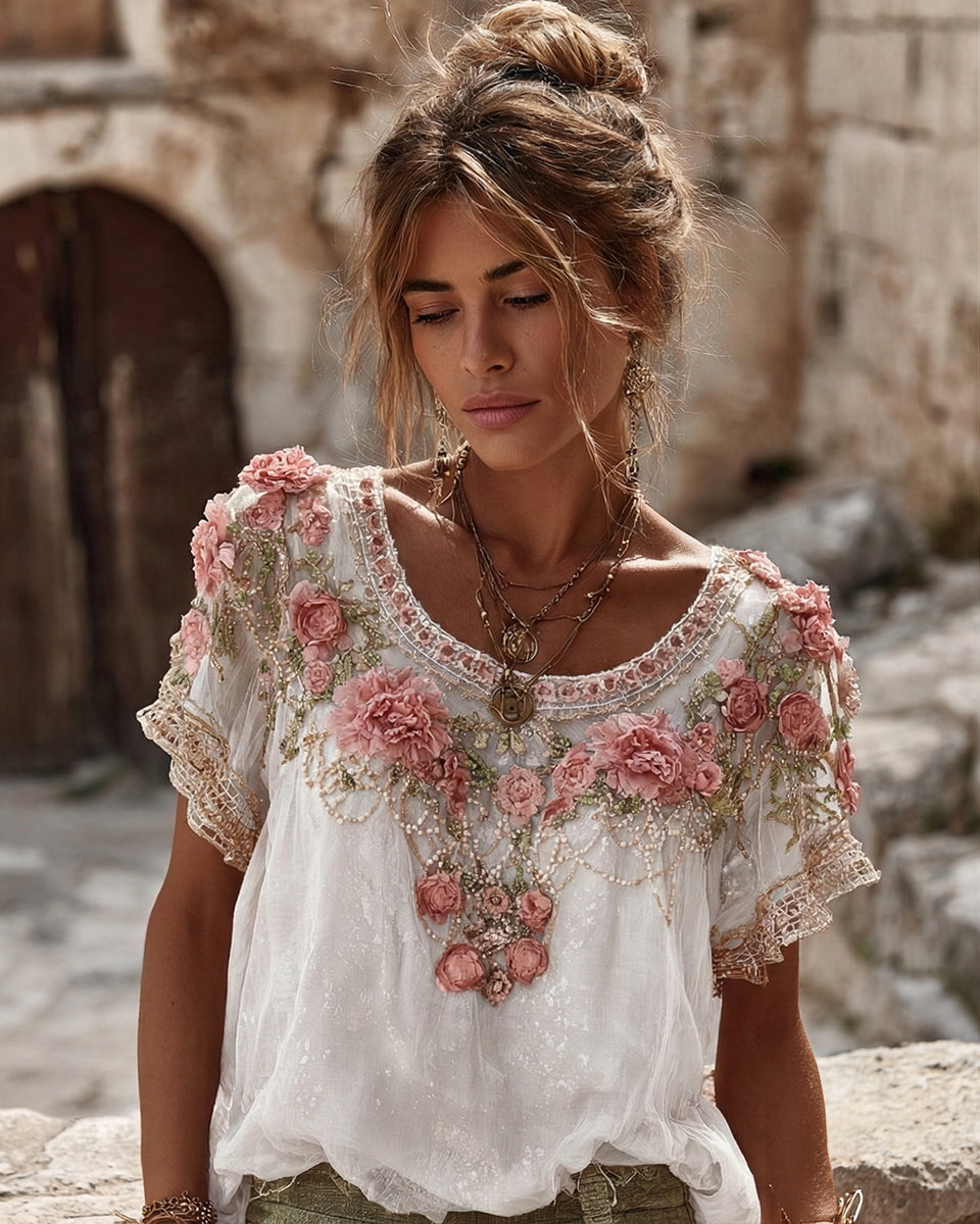 Women's Vintage Floral Embroidered Art Flowy Linen Blend Short Sleeve Casual Tops