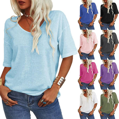 📦📦LAST DAY SAVE 49% ⏰Women's Soft Solid Color Vneck Tshirt Cotton Half Sleeve Half Sleeve Casual Loose