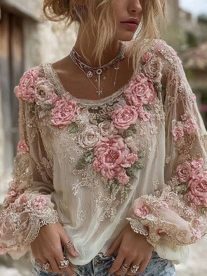 Women's Pink Rose Embroidery Art Round Neck Long Sleeve Linen Blend T-shirt