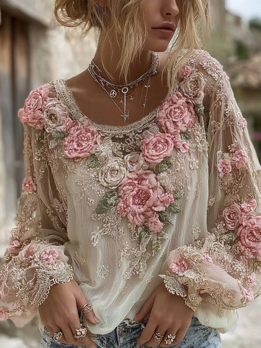 Women's Pink Rose Embroidery Art Round Neck Long Sleeve Linen Blend T-shirt