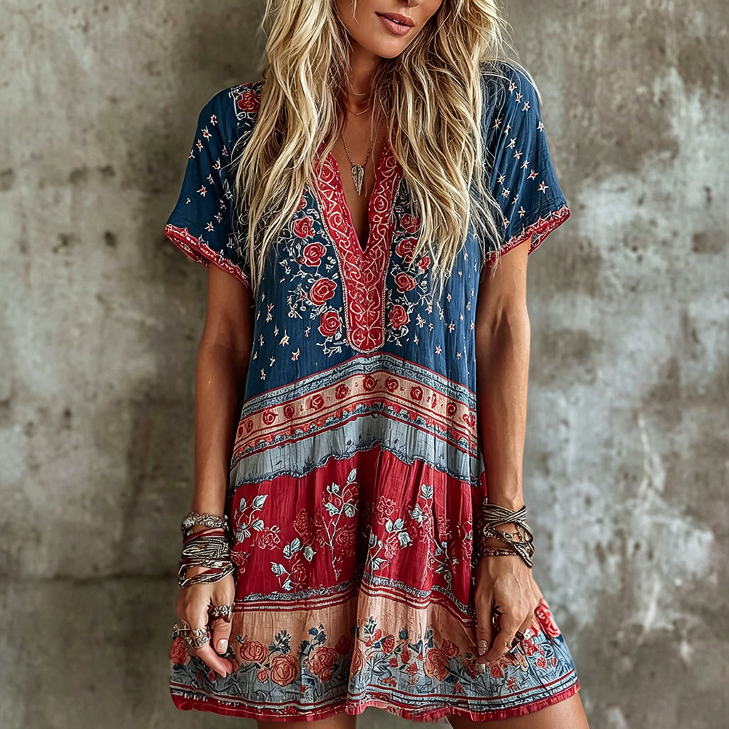 Women's Vintage Rose Flag Art Print Mini Boho Dress