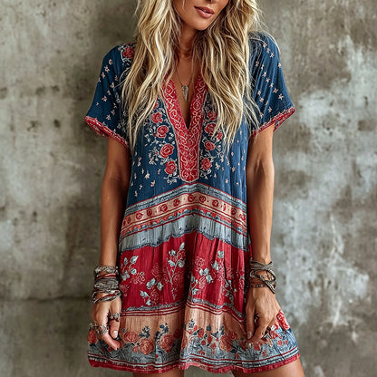 Women's Vintage Rose Flag Art Print Mini Boho Dress