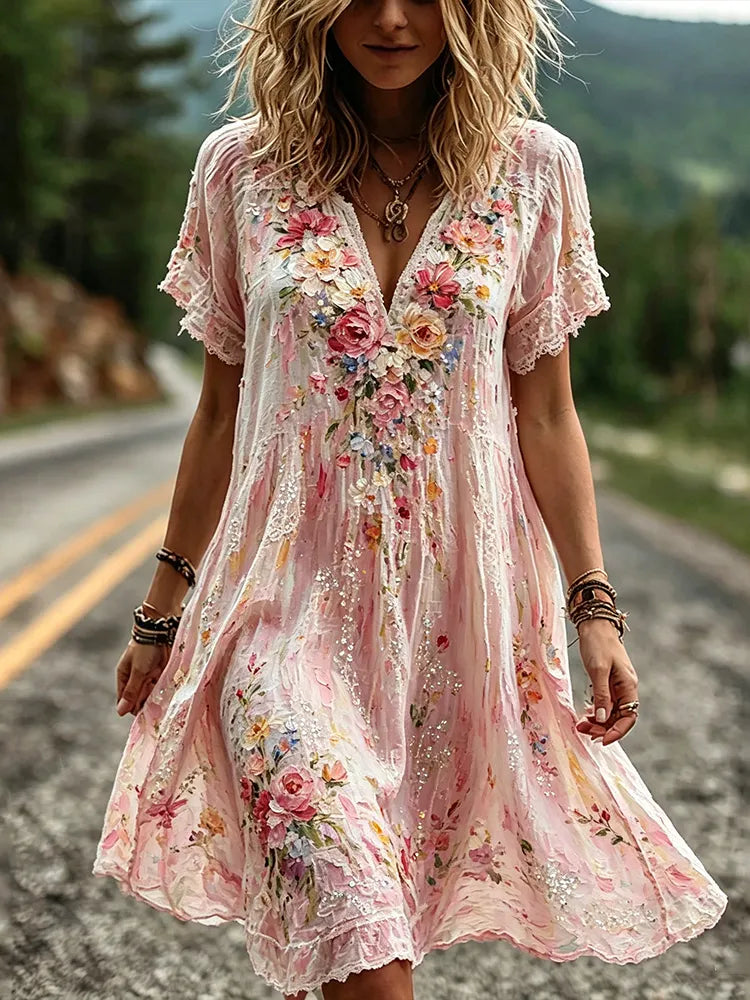 Vintage Floral And Lace Art Cotton Linen Casual V-neck Short Sleeve Dress