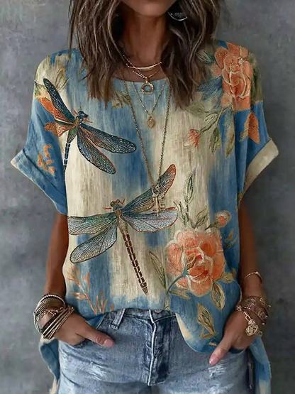Vintage Dragonfly And  Floral Pattern Linen Blend Short Sleeve Tops