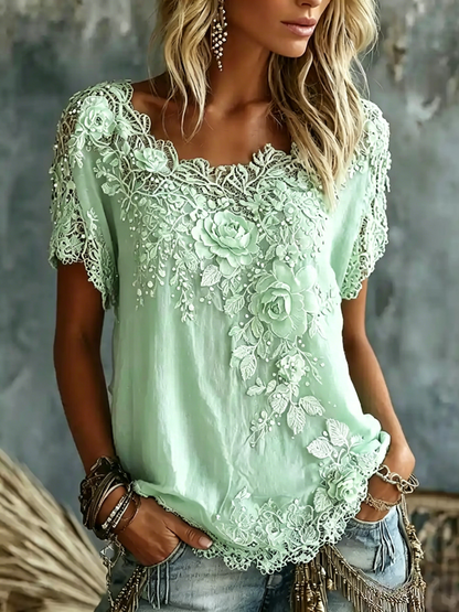 Women's Vintage Rose Floral Art Casual Cotton Linen Short-sleeved T-shirt
