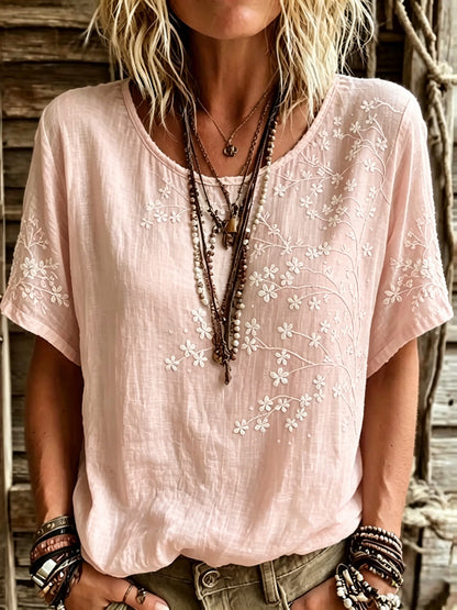 Women's Vintage Floral Art Linen Blend T-shirt