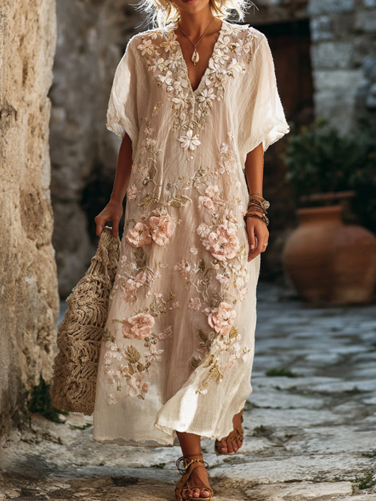 Women's Floral Embroidery Art Blended Washed Cotton Linen Flowy V-neck Dress