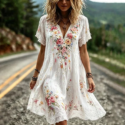 Vintage Floral And Lace Art Cotton Linen Casual V-neck Short Sleeve Dress