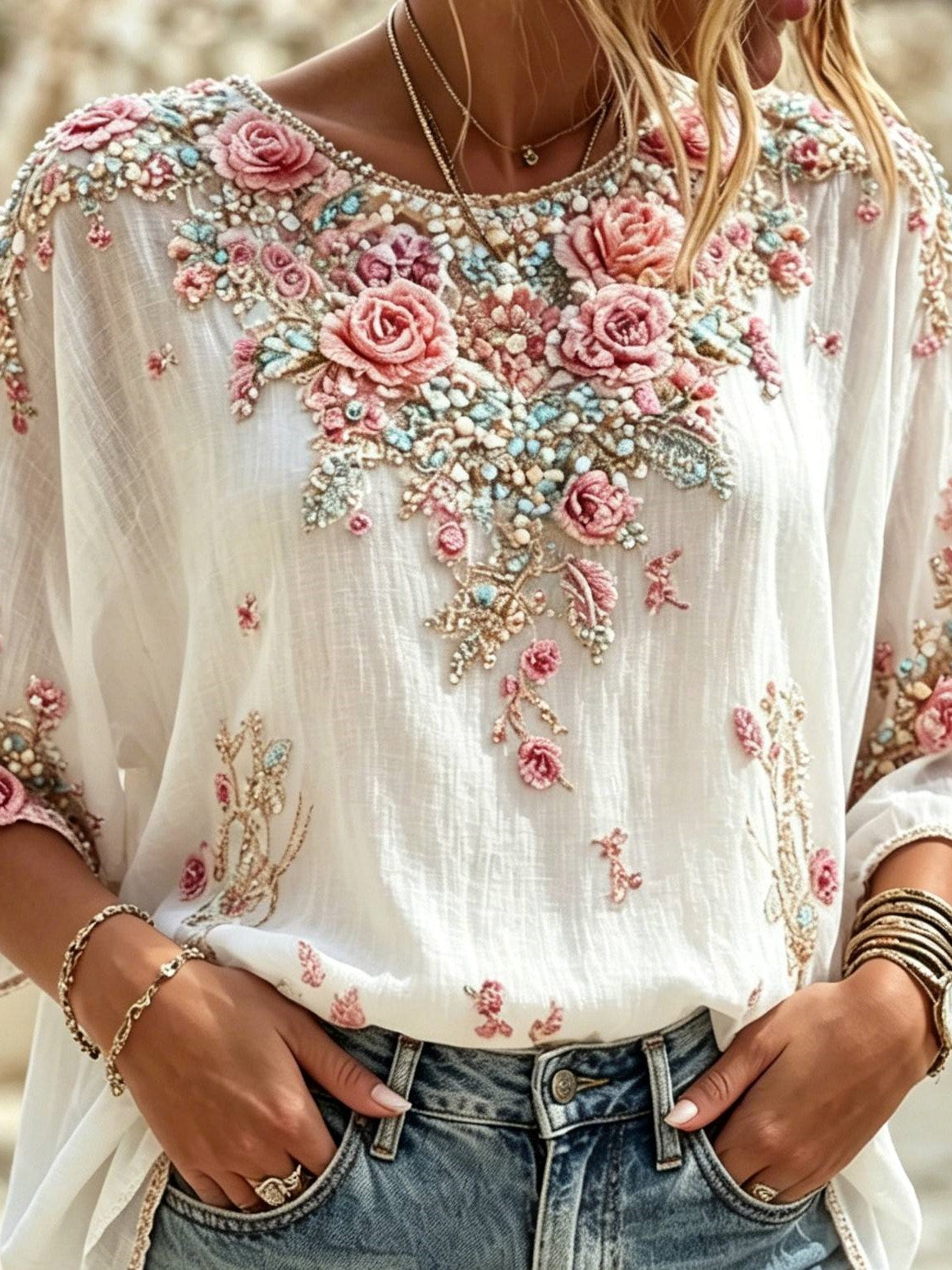 Women's Retro Bohemian Style Rose Print Comfortable Cotton Linen Top