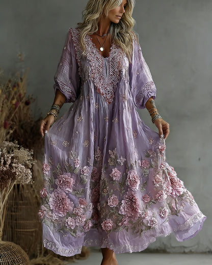 Women's Retro Floral Art Flowy Linen Blend Casual Long Sleeve Maxi Dress