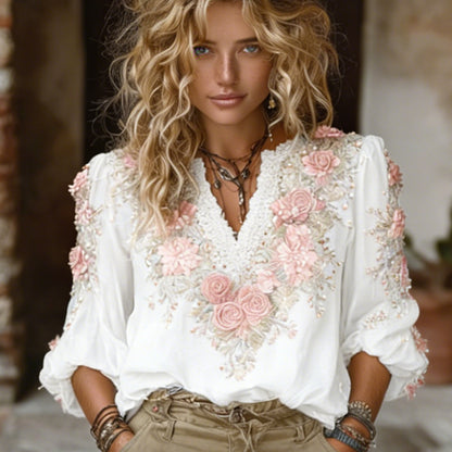 Bohemian Style Pink Rose Black Casual V-neck Long Sleeved Top
