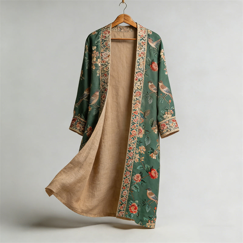 Vintage Boho Birds Floral Flowy Linen Long Kimono