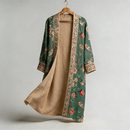 Vintage Boho Birds Floral Flowy Linen Long Kimono