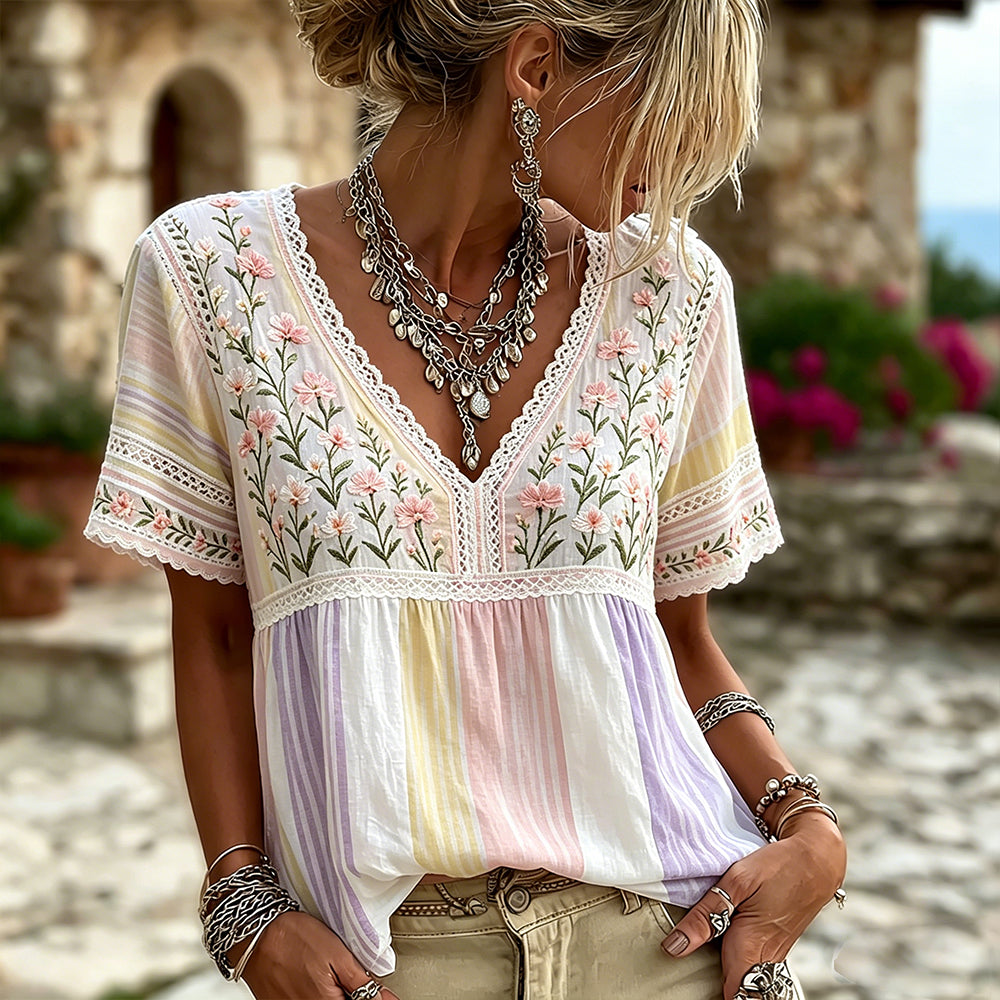 Women's Retro Floral Art Embroidered Color-block Spliced Comfortable Cotton Linen V-neck Short Sleeve Top