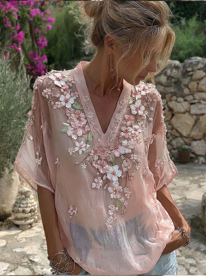 Women's Pink Cherry Blossom Embroidered Blended V-neck T-shirt