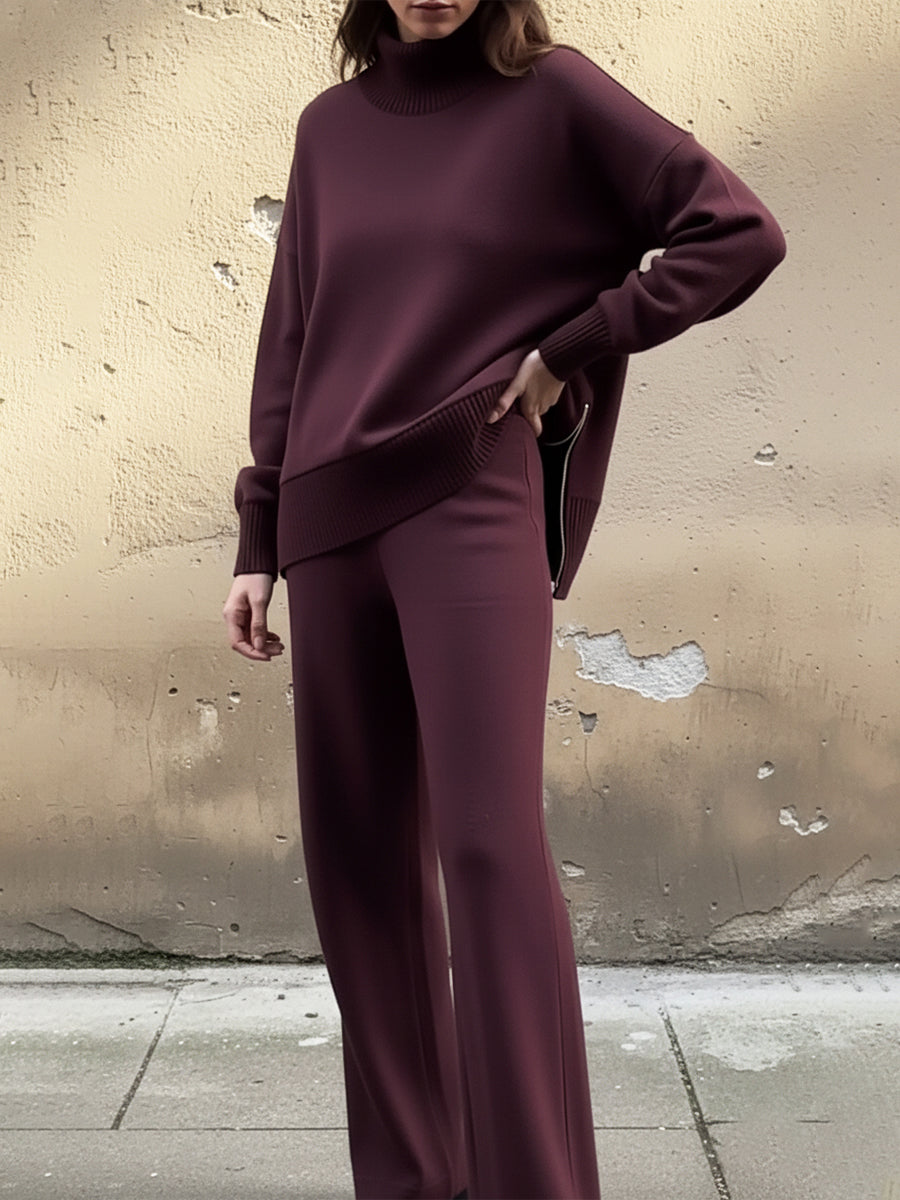 💝💝Casual Travel Stand Collar Side Zipper Top Straight Pants Two-Piece Set