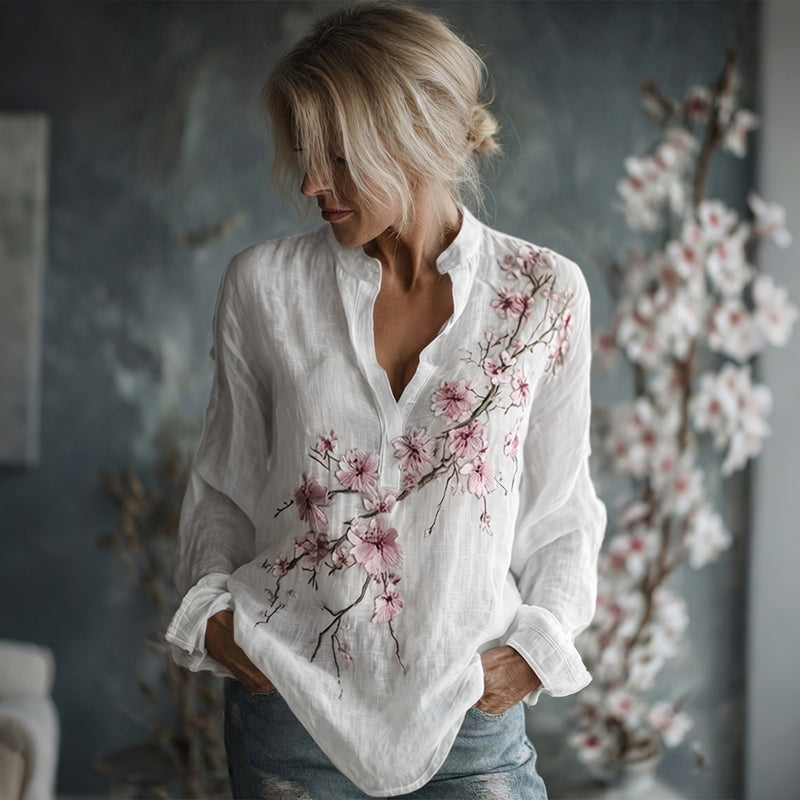 Women's Vintage Flowers Embroidered Linen Long Sleeve Shirt