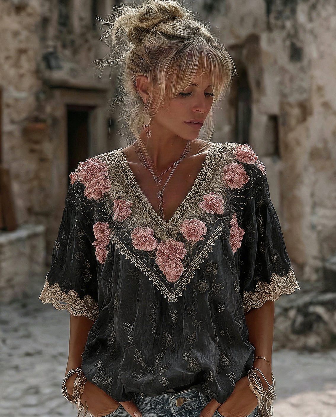 Women's Vintage Spring Floral Embroidered Art Print Flowy Linen Blend Short Sleeve Casual Tops