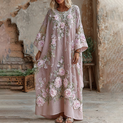 Women's Vintage Floral Art Flowy Linen Blend Casual Long Sleeve Maxi Dress