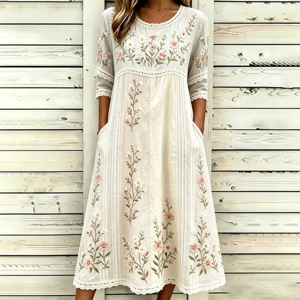 Women's Retro Floral Art Embroidered Patchwork Linen Blend Short Sleeve Dress