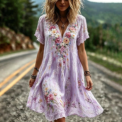 Vintage Floral And Lace Art Cotton Linen Casual V-neck Short Sleeve Dress