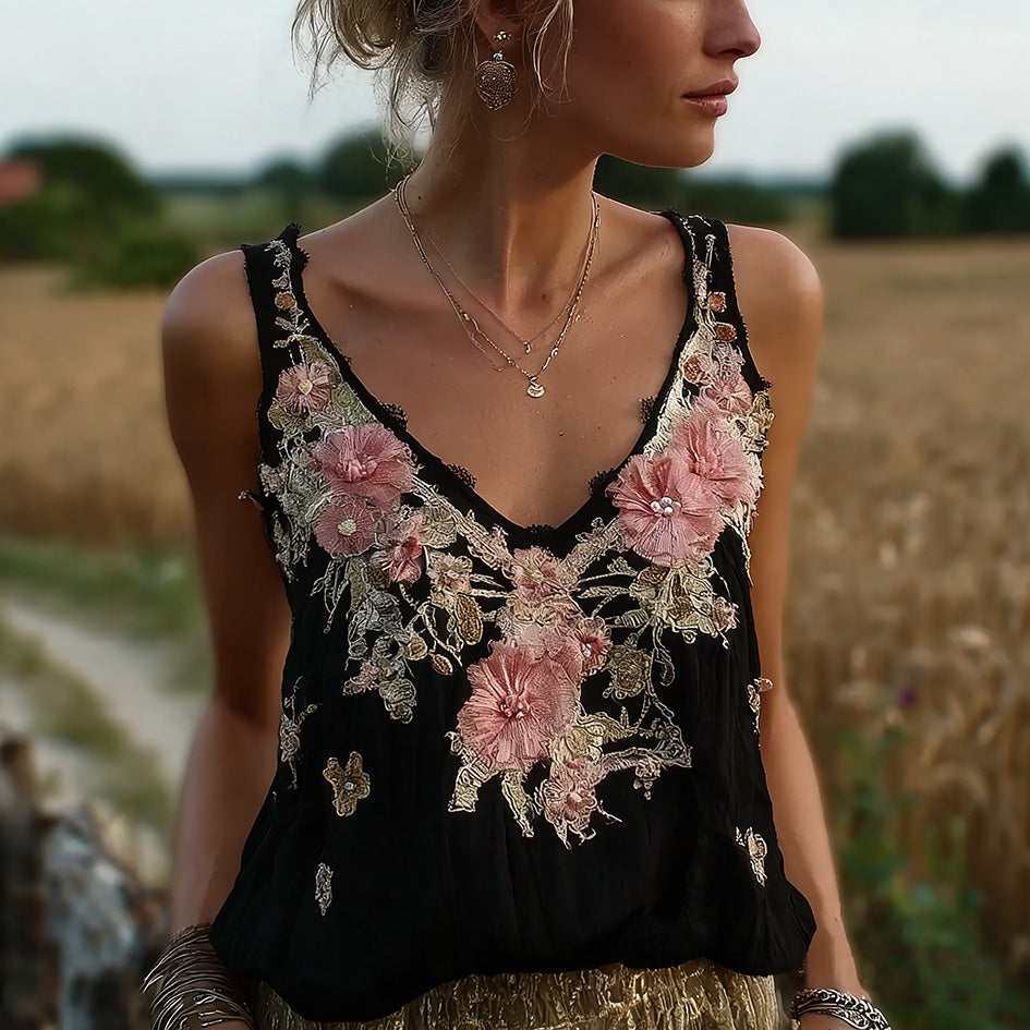Bohemian Retro Pink Floral Pattern Women's Sleeveless Thin Shoulder Strap Vest