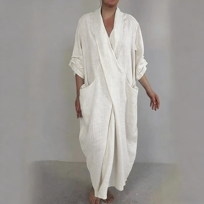 Retro Monk's Robe-style V-neck Cotton Linen Dress