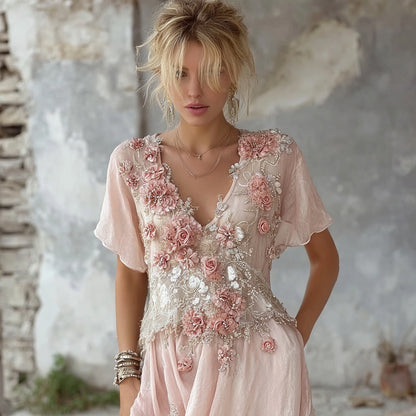 Vintage Pink Boho Floral Art V Neck Cozy Linen Maxi Dress