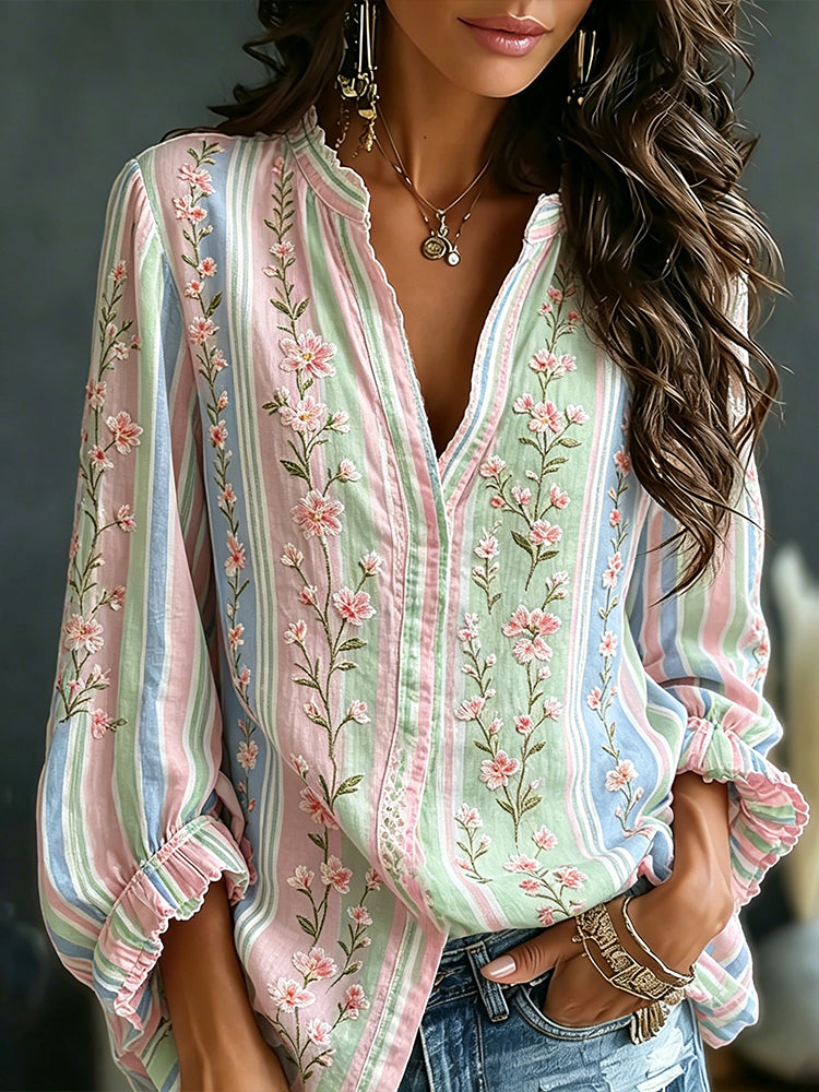 Women's Pink Floral Art Embroidery Spliced Striped Comfortable Cotton Linen V-neck Long Sleeve Top